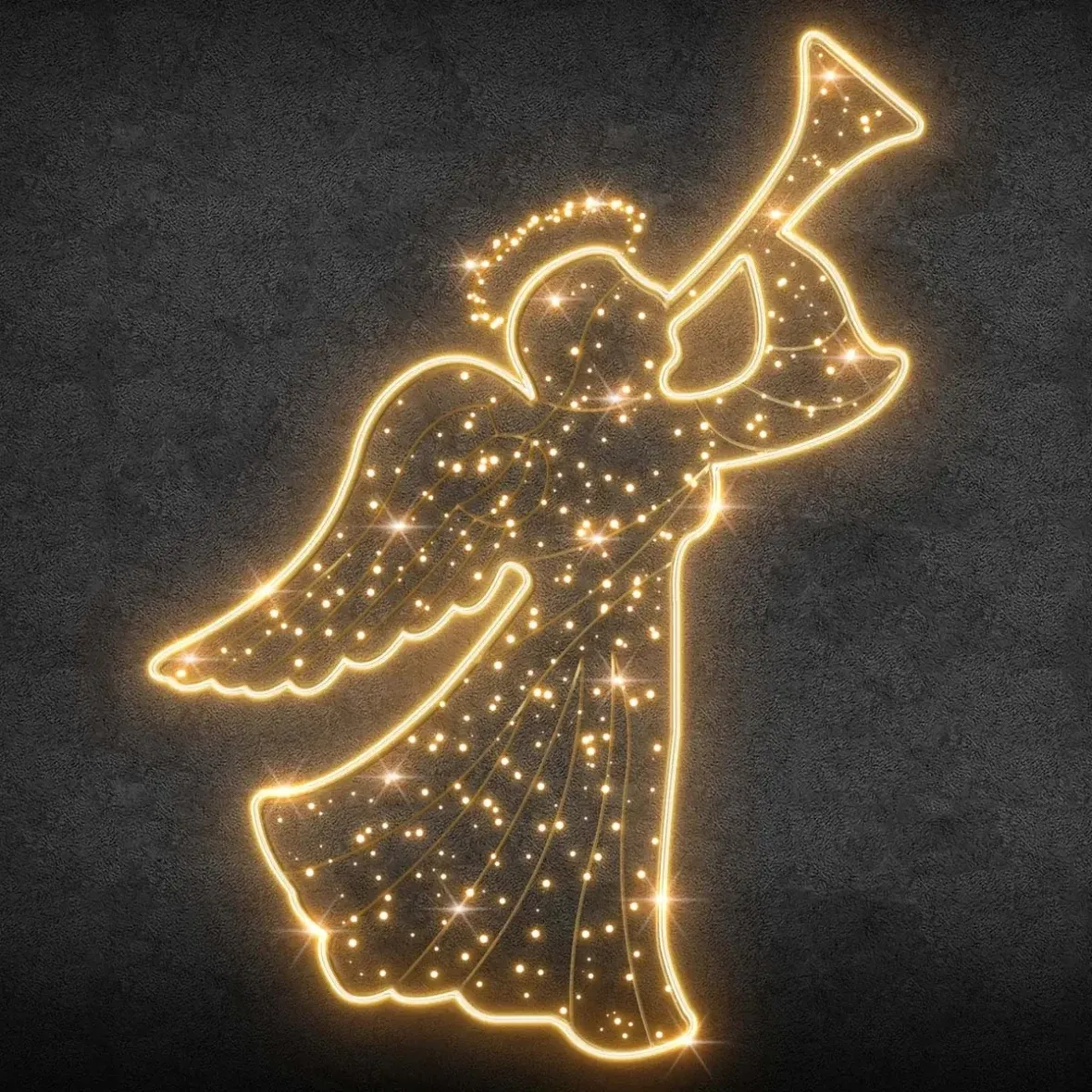 Easy Fix 2D LED-Lichtengel mit Riffelschürze und Schlauch, stehend, 140 × 200 × 62 cm, warmweiß, 3D-Druck, gold