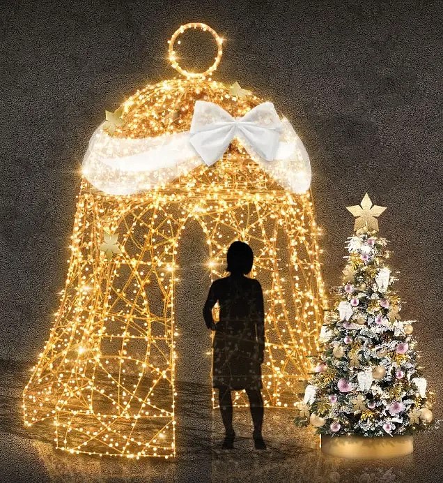 3D LED-Lichtglocke, 350 cm, vergoldet, warmweiß mit Kristall, 6-teilig, weiße Schleife, stehend