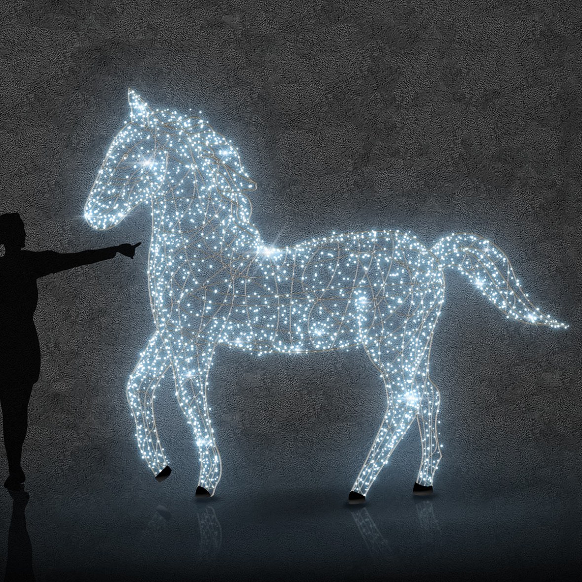 Eco Fix 3D LED-Lichtpferd mit Mähne, 250 × 250 × 80 cm, eisweiß mit Kristall, Aluminium