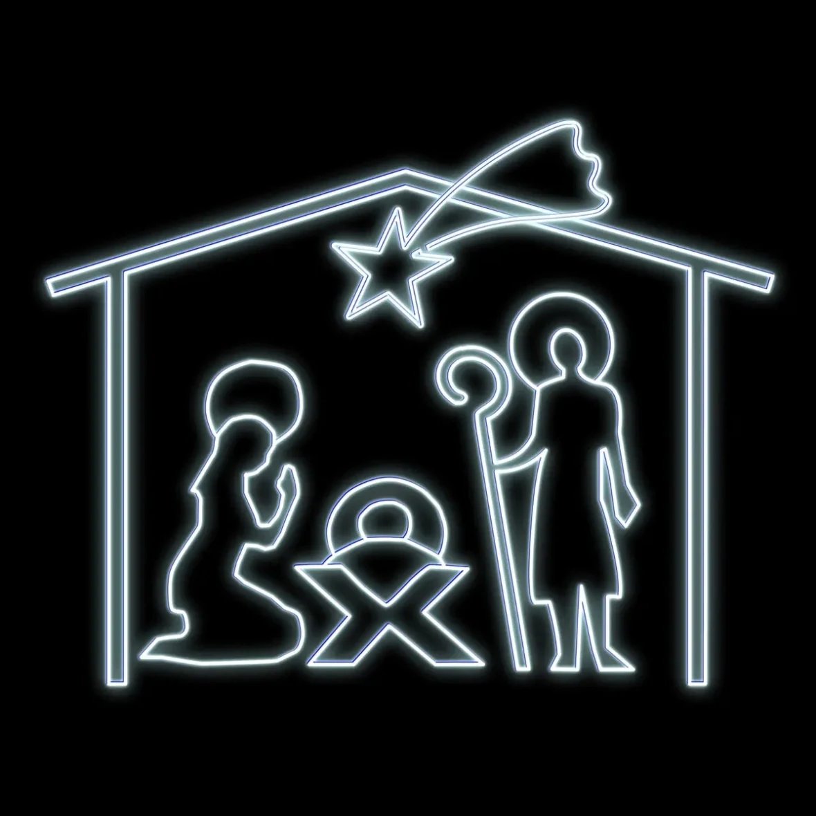 Easy Fix 2D LED beleuchtete Weihnachtskrippe, Weihnachtsmann, Maria und Josef im Stall, Outdoor, 162 × 172 × 40 cm, eisweiß, hängend