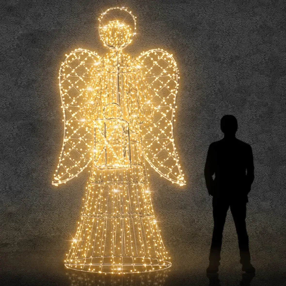 3D LED-Lichtengel mit Laterne, 300 cm, mit Kristallen, warmweiß, Aluminium
