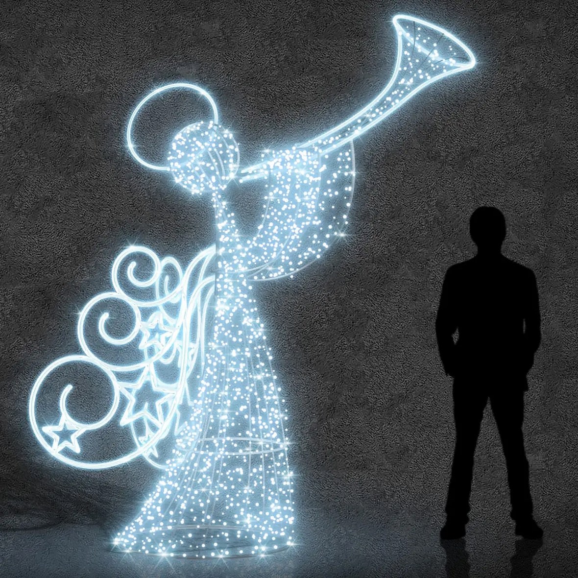 Easy Fix 3D LED-Lichtengel mit Trompete, 280 cm, eisweiß, Aluminium