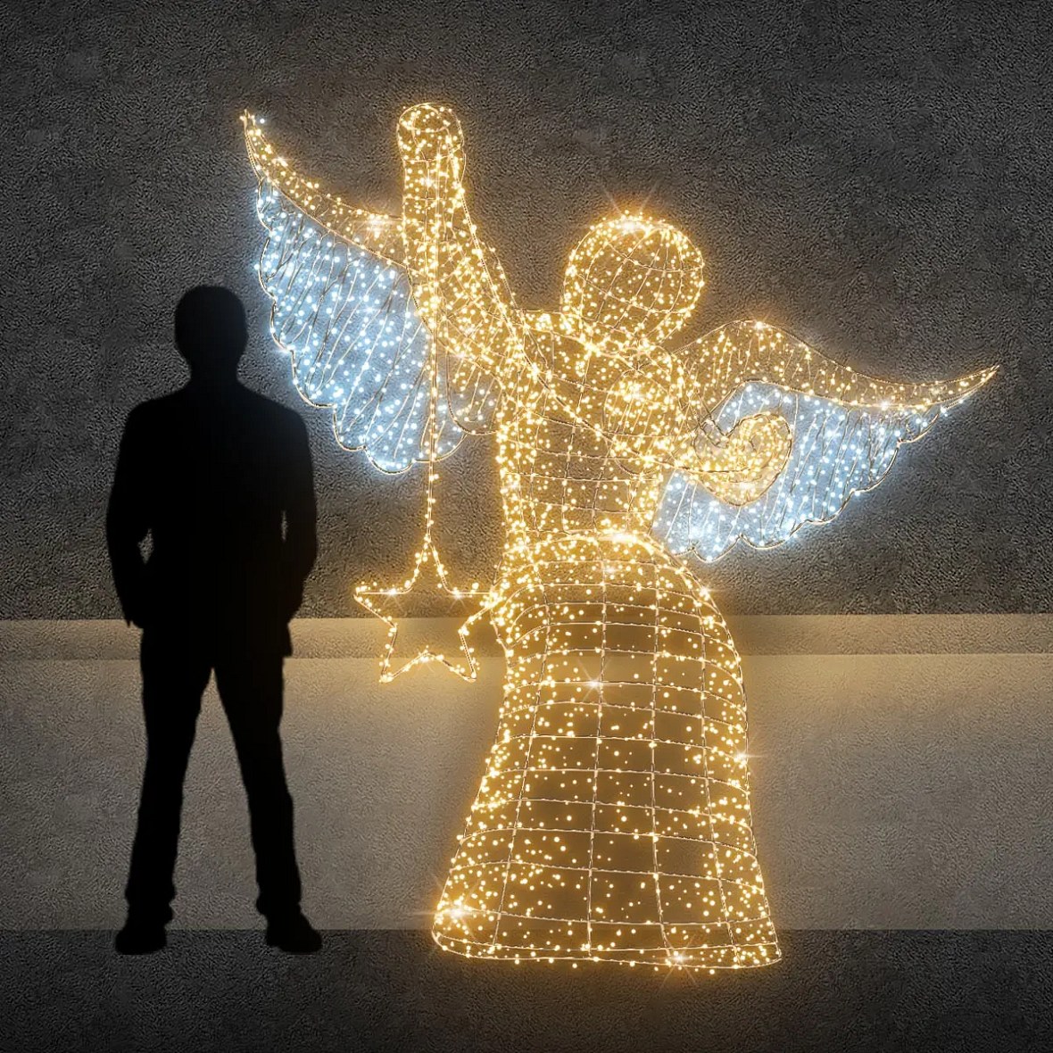 3D LED-Lichtengel sitzend mit Stern, 230 cm, warm- und eisweiß