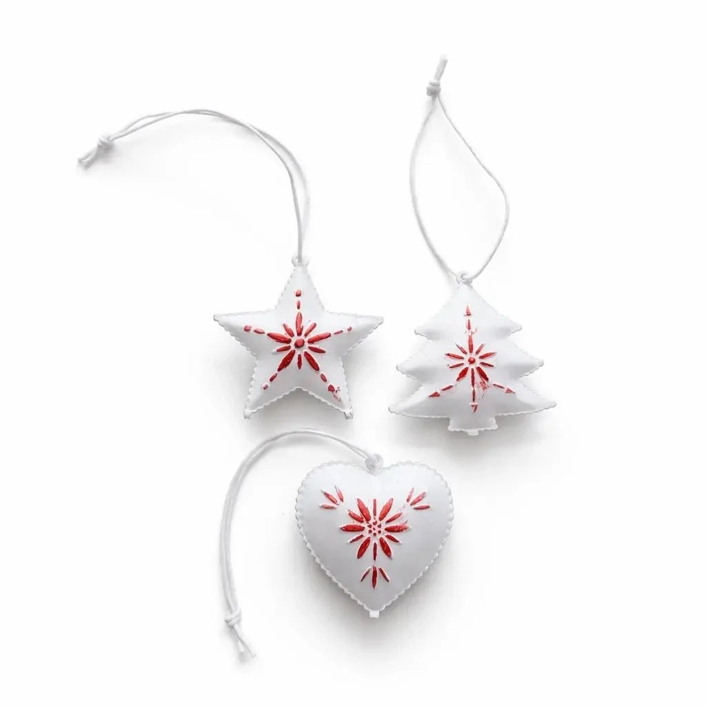 Weihnachtsschmuck-Set aus Metall, 5 cm, mit Patina, 3 Typen, weiß und rot, 12er-Pack