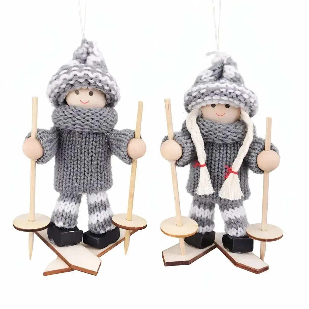 Weihnachtsbaumschmuck aus Holz, Skifahrer und Skifahrerin, 13,5 × 7,5 cm, Garn, hängend