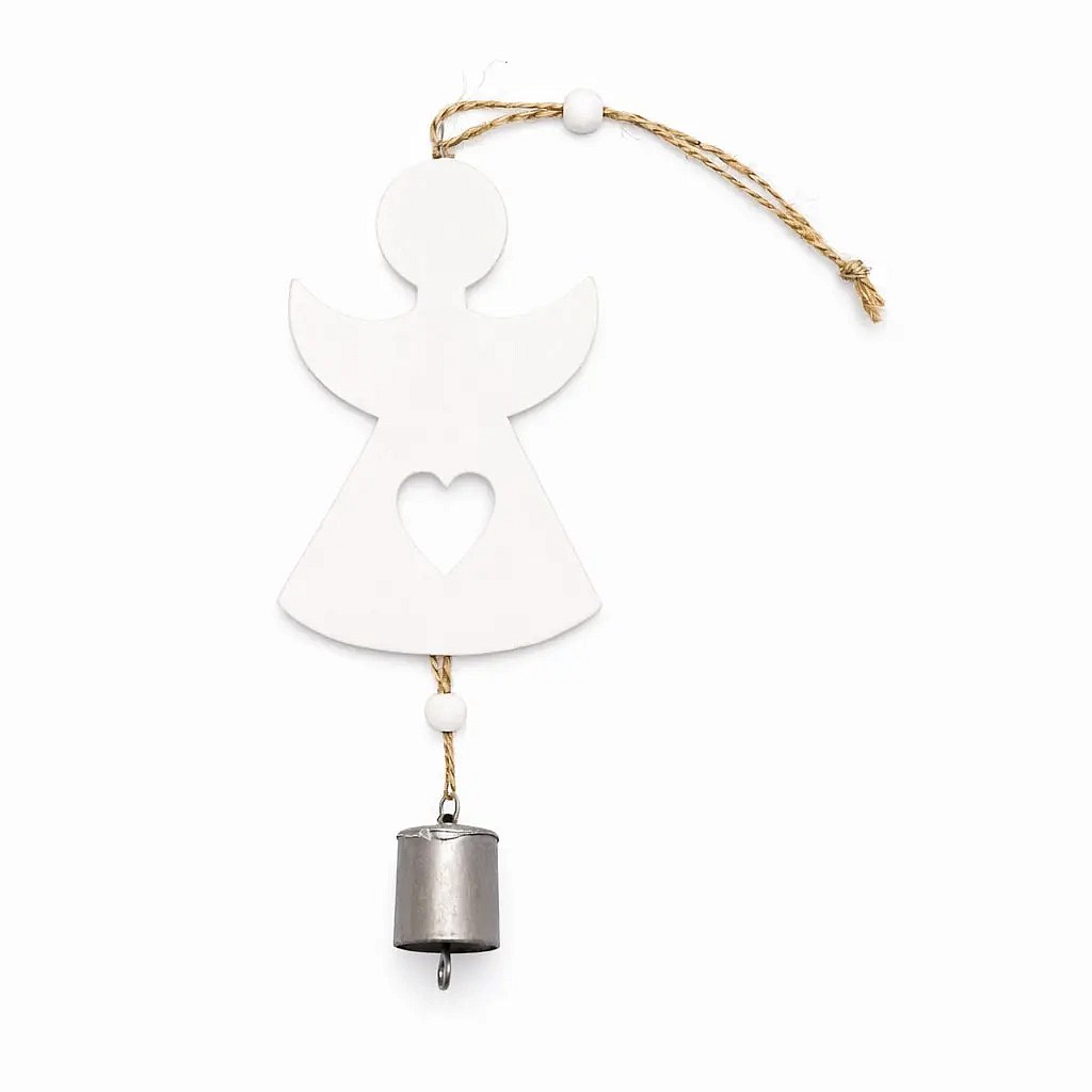 Weihnachtsbaumschmuck Engel aus Holz 12 × 8 cm mit Glocke 3 cm, hängend, weiß