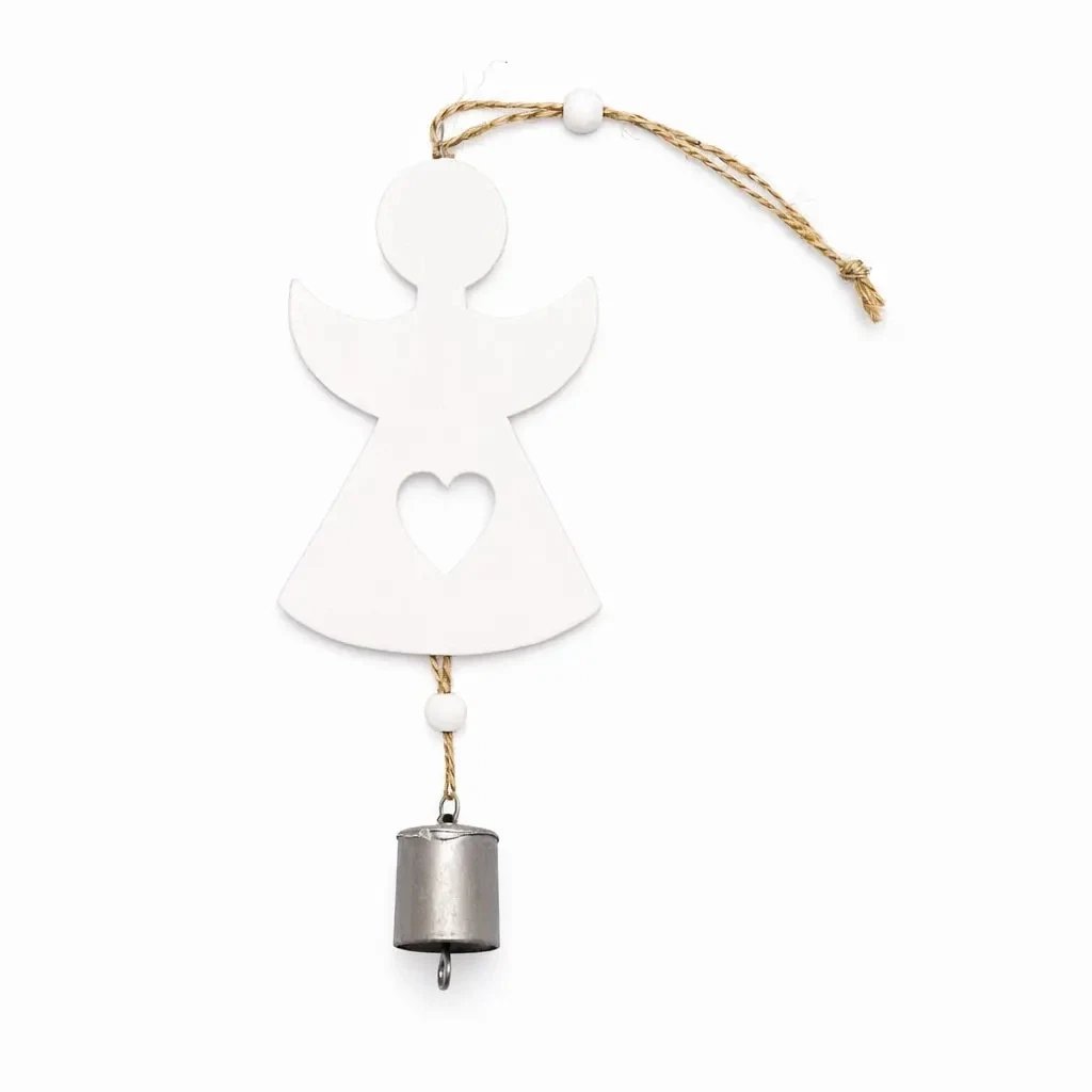 Weihnachtsbaumschmuck Engel aus Holz 12 × 8 cm mit Glocke 3 cm, hängend, weiß