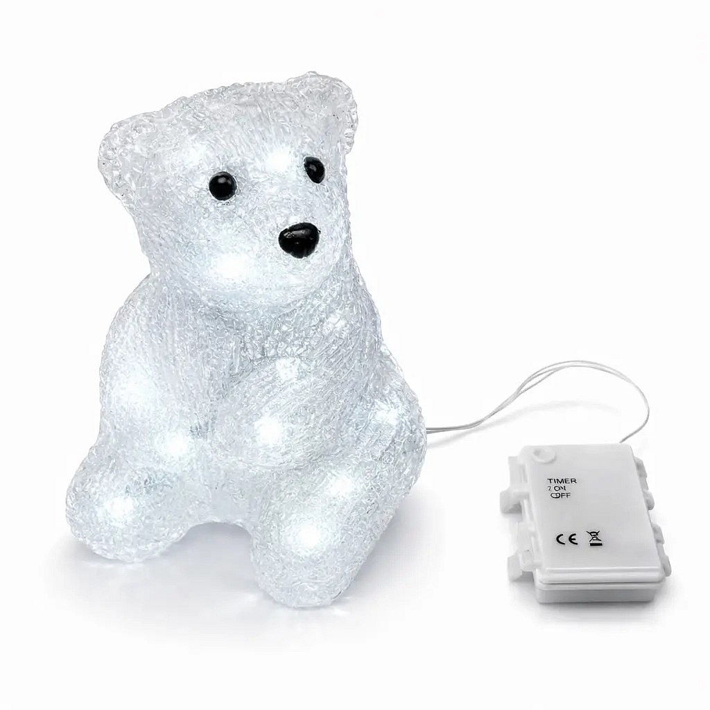 Batteriebetriebener 3D-LED-Lichtbär, 16 LEDs, mit Zeitschaltuhr, 18 × 13 cm, eisweiß, Aluminium, IP44 Outdoor