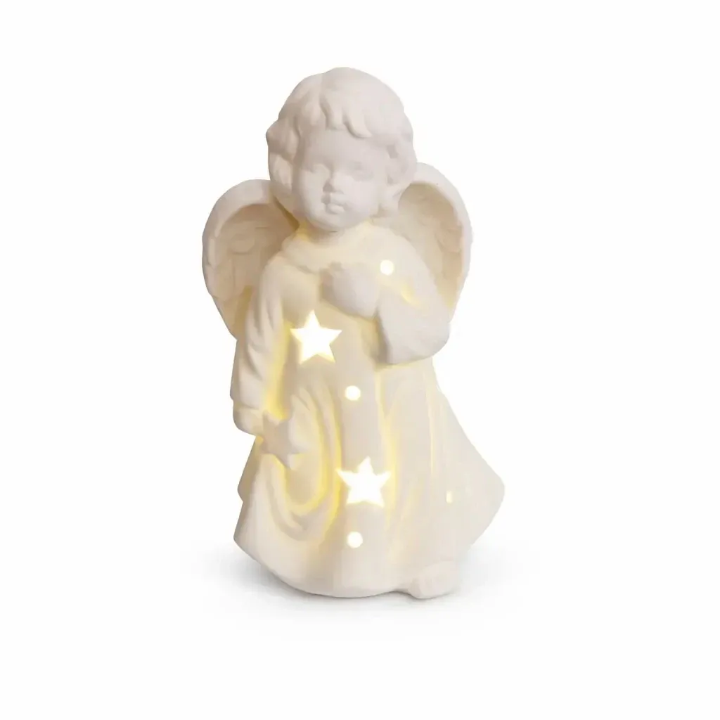 LED-beleuchteter Keramik-Engel 9,3 × 7,6 × 14,9 cm, warmweiß, 3× LR44