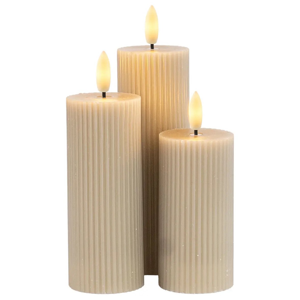 Wiederaufladbare LED-Kerzen aus echtem Wachs von Smilla, 3er-Set, Höhe 10/12,5/15 cm, Ø 7,5 cm, hellgrau, ohne Ladestation