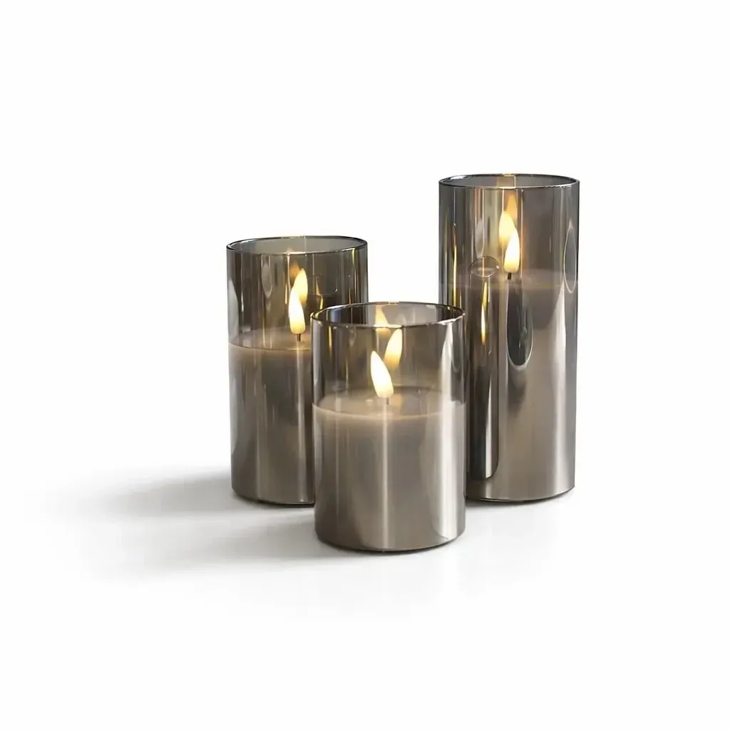 Set mit 3 LED-Kerzen im Glas, grau, Ø 7,5 × 10/12,5/15 cm, mit Fernbedienung