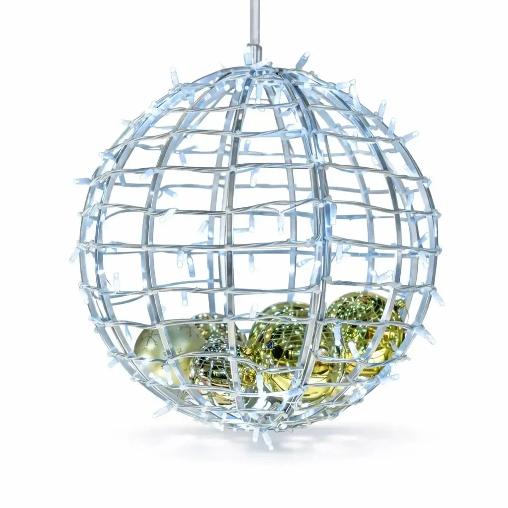 3D LED-Gartenlichtkugel, 40 cm Durchmesser, eisweiß, weißes Kabel, IP67, Aluminium, Easy fix
