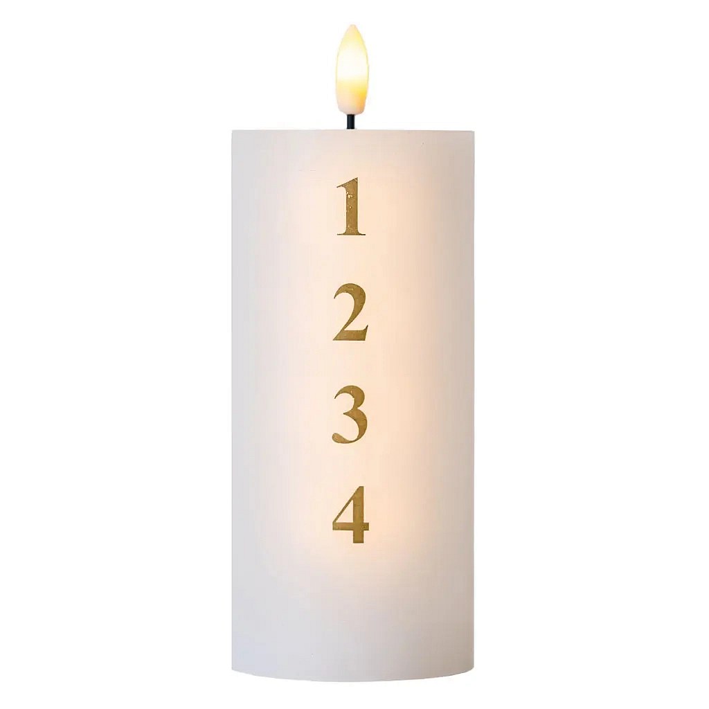 LED-Batteriewachskerze Sille Advent mit Zahlen, Ø 7 × 15 cm, weiß/gold