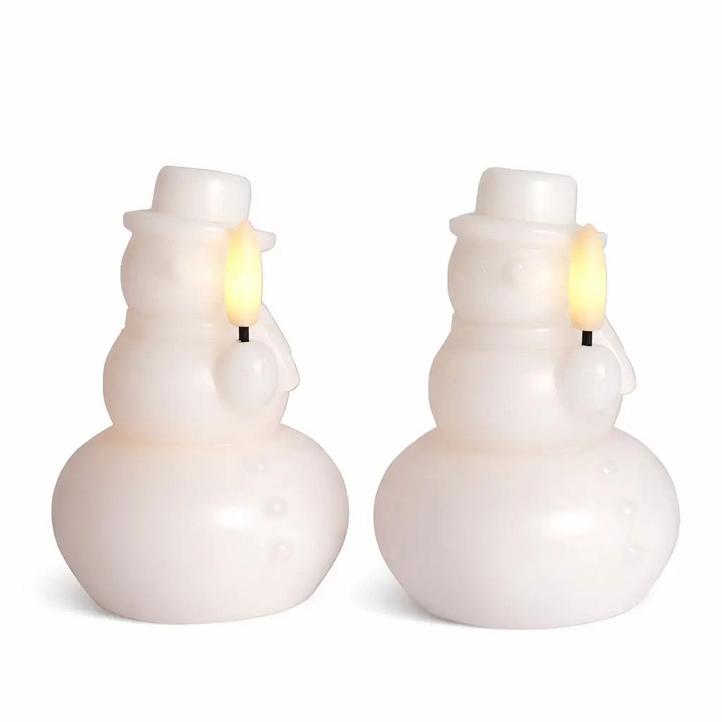LED-Kerze aus echtem Wachs, batteriebetrieben, Schneemann, weiß, 2er-Set, Ø 7 × 10 cm, CR2032