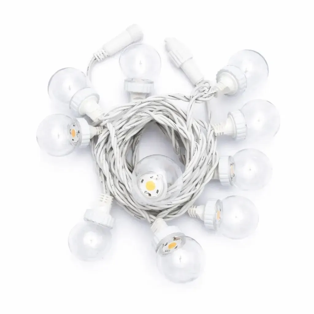 Easy Fix LED-Partybeleuchtung, 5 m, für den Außenbereich, 10 transparente Kugeln, 70 warmweiße LEDs, weißes Kabel, IP67, Verlängerungskabel