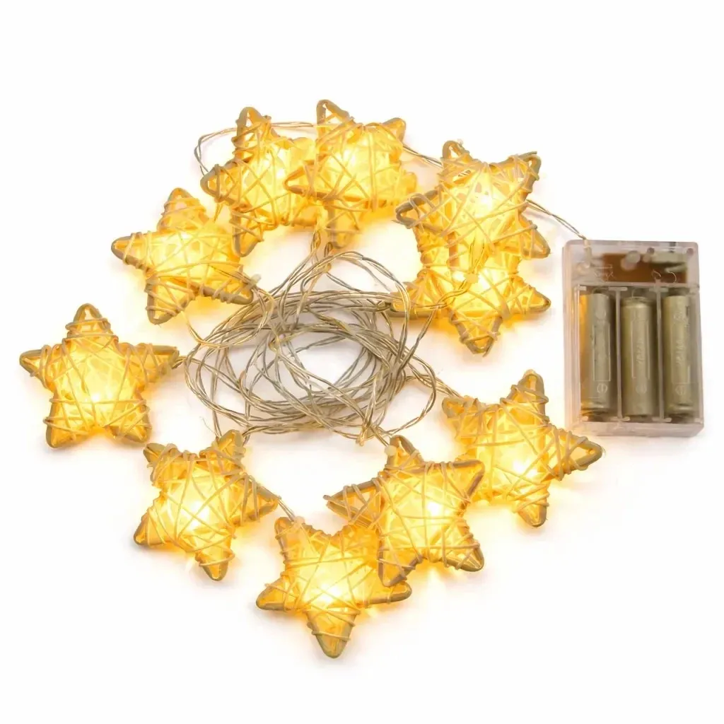 Batteriebetriebene LED-Lichter, Rattansterne, 2,8 m, warmweiß, 10 LEDs, transparentes Kabel, IP20 für den Innenbereich, 3 × AA