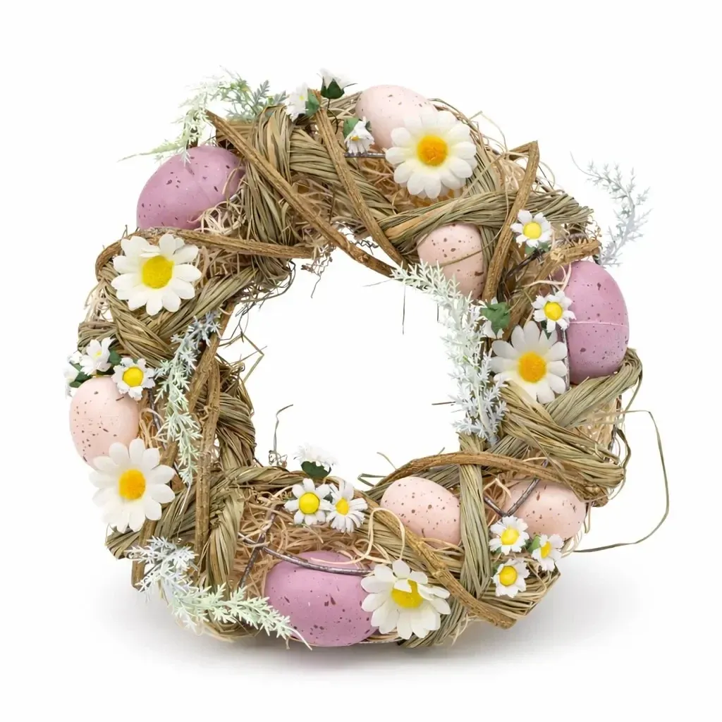 Osterkranz für Tür 24 × 8 cm, altrosa Eier und Gänseblümchen, Kunststoff, Outdoor