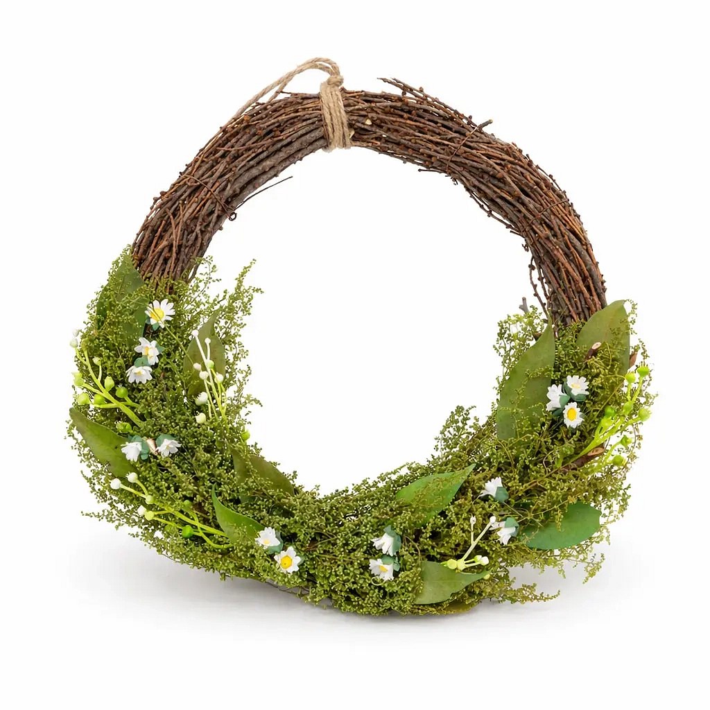 Ostertürkranz 34 × 31 × 8 cm, Weidengeflecht und grüne Zweige mit kleinen Blumen, Kunststoff, Outdoor