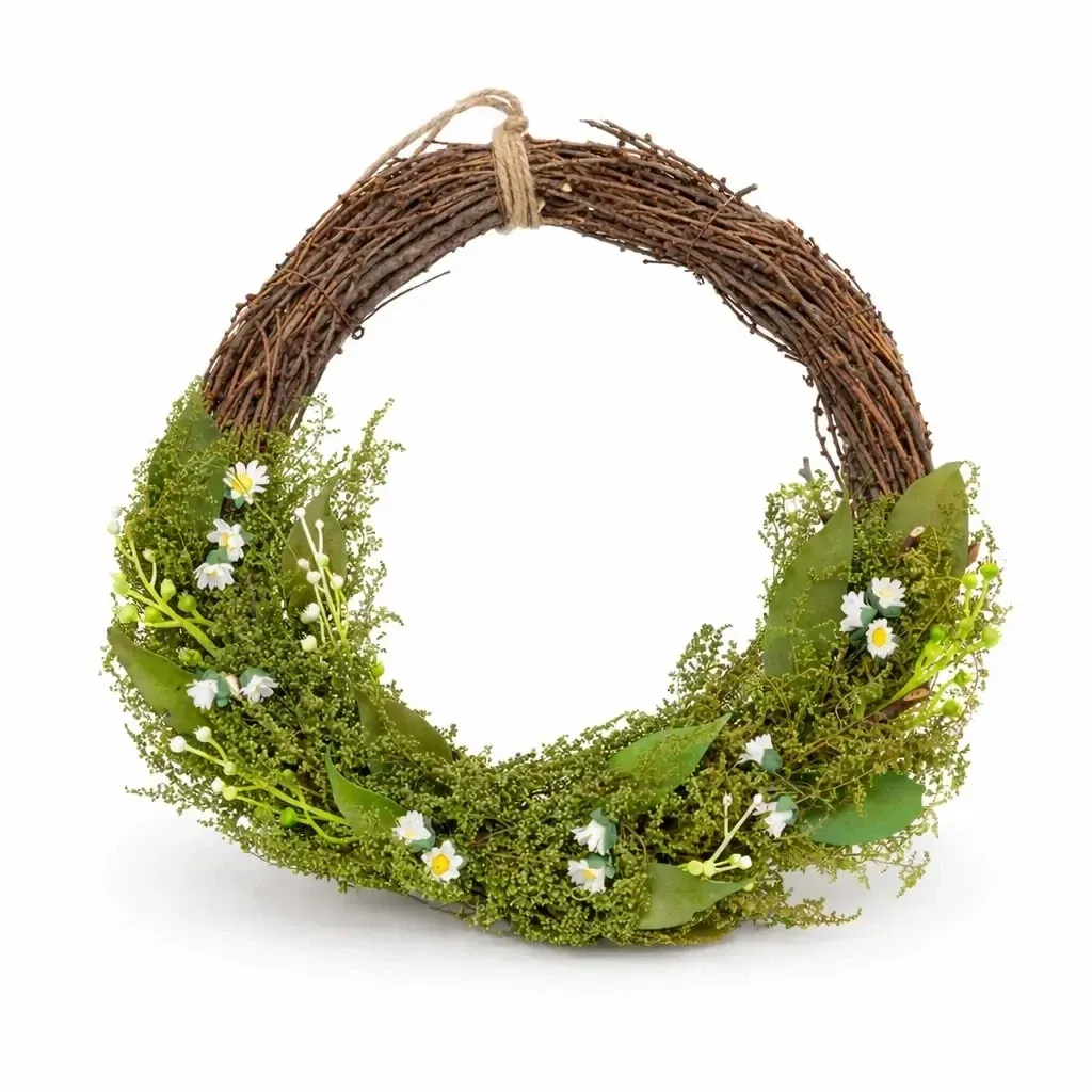 Ostertürkranz 34 × 31 × 8 cm, Weidengeflecht und grüne Zweige mit kleinen Blumen, Kunststoff, Outdoor