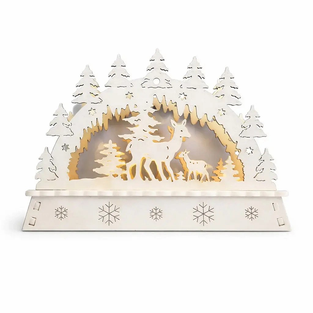 LED-Weihnachtskerzenhalter für das Fenster, Hirschkuh und Reh im Wald, aus Holz, 15 × 11 × 5 cm, warmweiß, für 2 × AA-Batterien