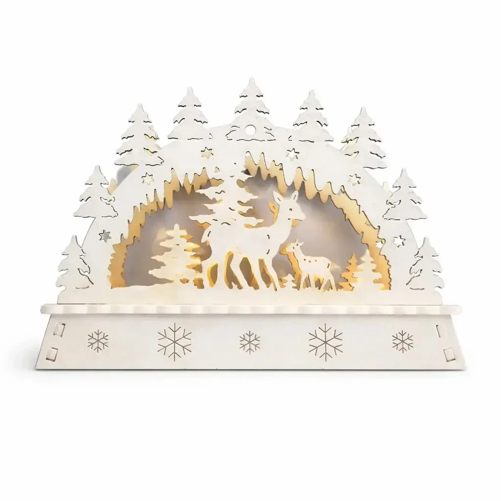 LED-Weihnachtskerzenhalter für das Fenster, Hirschkuh und Reh im Wald, aus Holz, 15 × 11 × 5 cm, warmweiß, für 2 × AA-Batterien