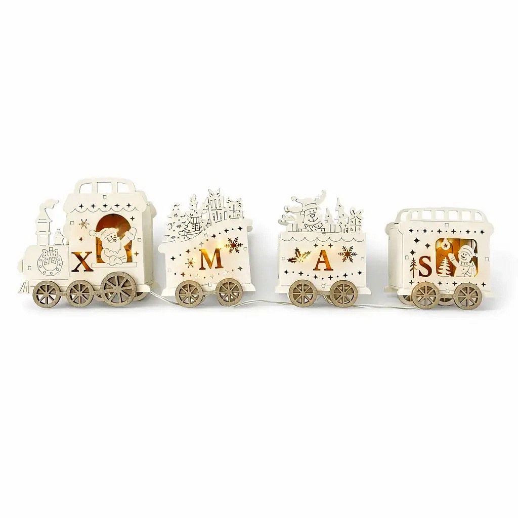 LED-Holzeisenbahn mit Wagen, 39,5 × 7,5 × 13 cm, warmweiß, 2× AA