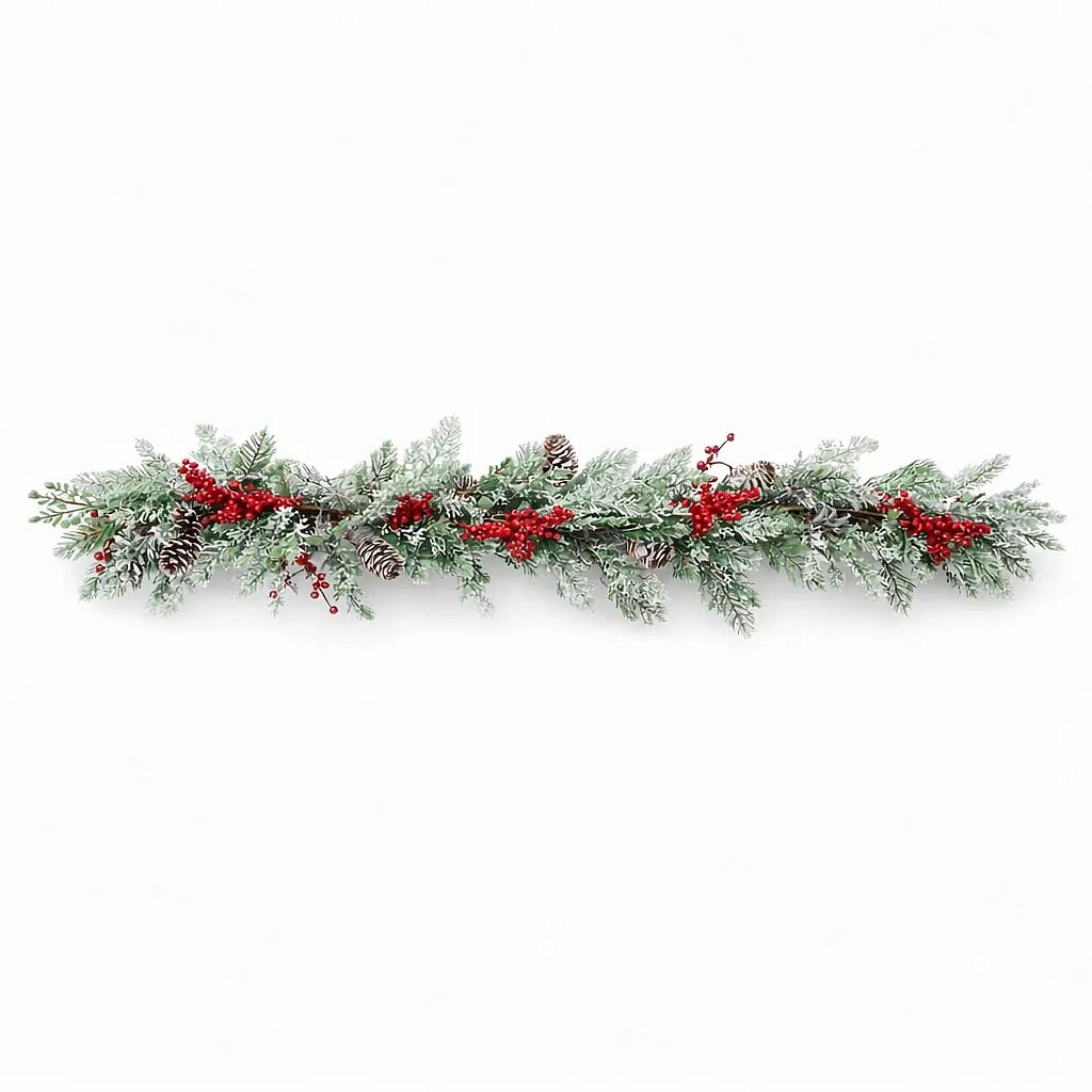 Künstliche 3D-Weihnachtsgirlande für den Tisch mit Tannennadeln und roten Beeren, 270 × 15 cm, geölt