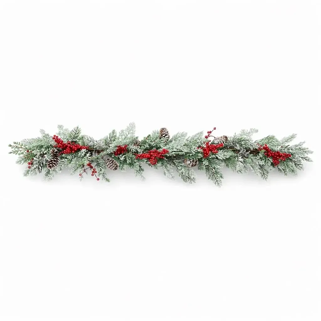 Künstliche 3D-Weihnachtsgirlande für den Tisch mit Tannennadeln und roten Beeren, 270 × 15 cm, geölt