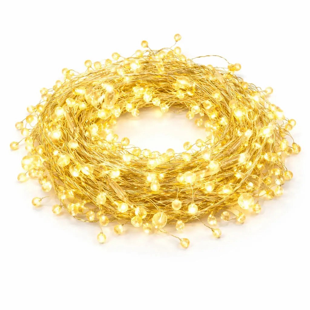 Eco Fix LED-Lichterkette für den Außenbereich, 8 m, mit Kristallen, warmweiß, 80 LEDs, 24 V, goldenes Kabel, IP44, Verlängerungskabel