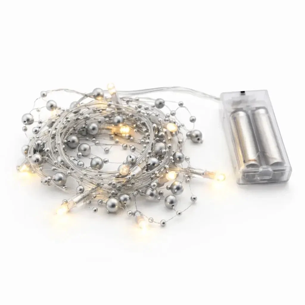 Batteriebetriebene LED-Lichterkette, silberne Perlen, 1,3 m, warmweiß, 10 LEDs, transparentes Kabel, IP20 für den Innenbereich, 2 × AA
