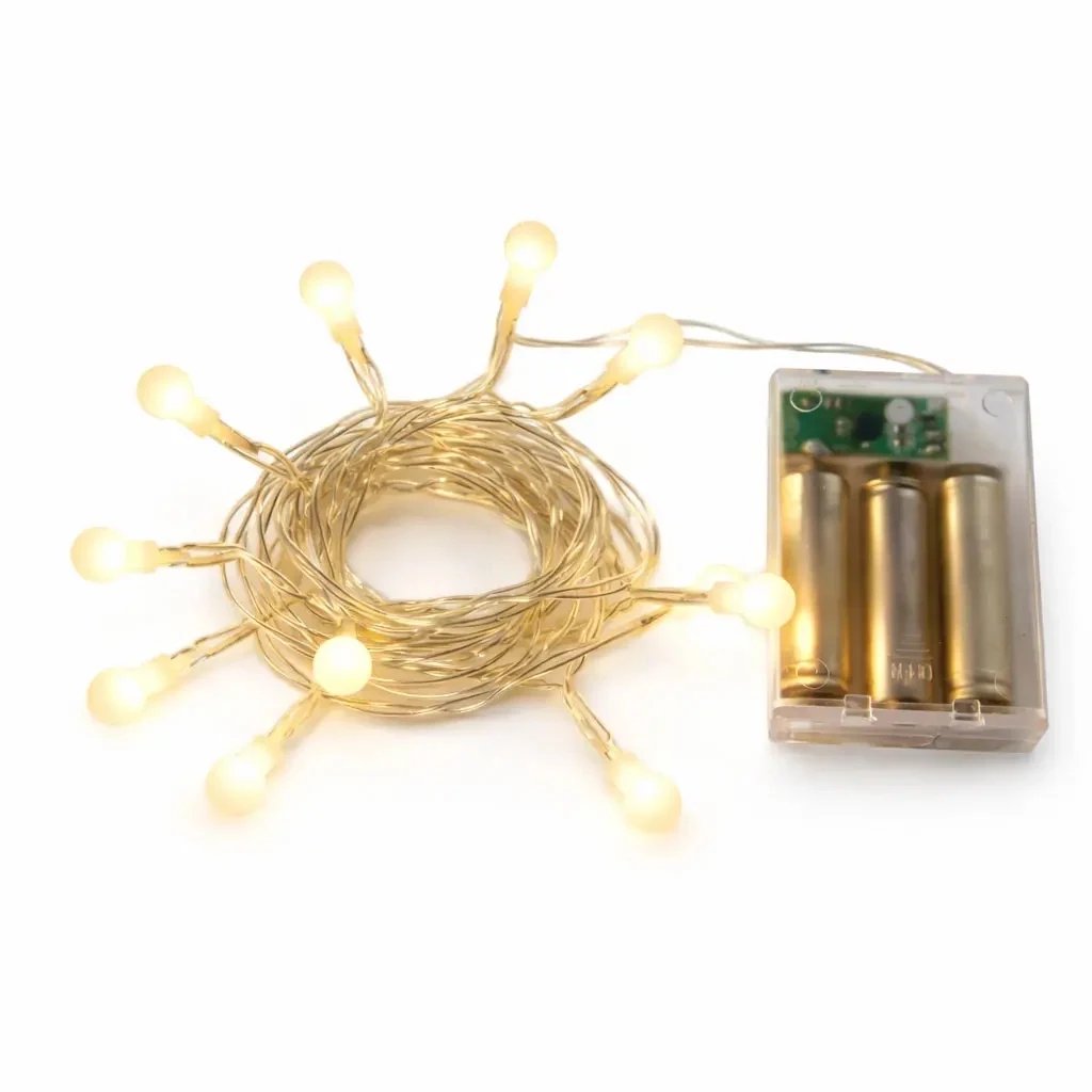 Batteriebetriebene LED-Lichterkette, Kugeln, 2,1 m, warmweiß, 10 LEDs, transparentes Kabel, IP20 für den Innenbereich, 3 × AA