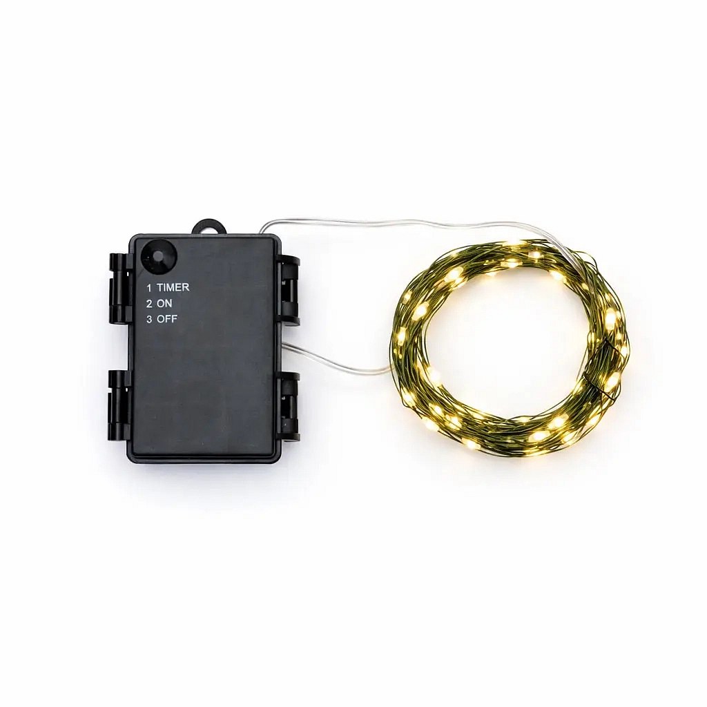Batteriebetriebene LED-Lichterkette, Tropfenform, 5,3 m, warmweiß, 50 LEDs, grüner Draht, IP44, für den Außenbereich, 3 × AA