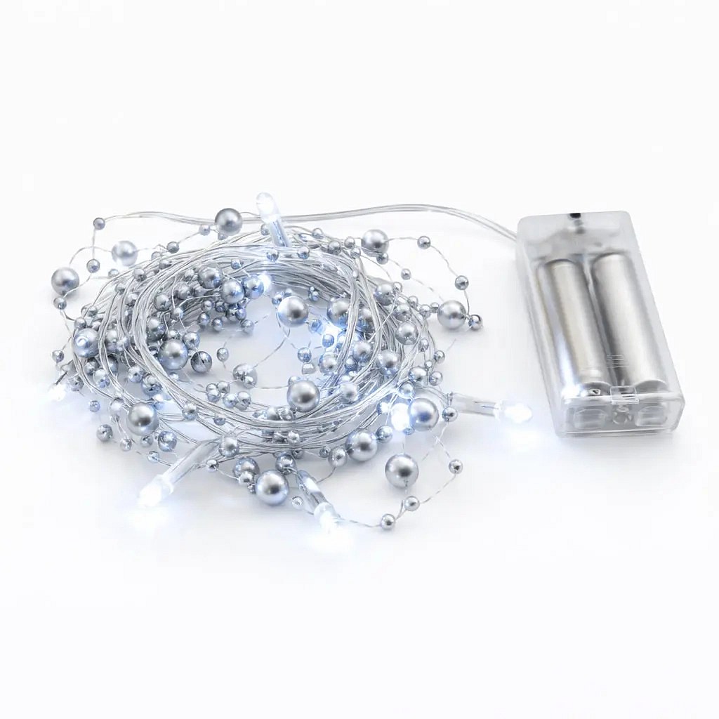Batteriebetriebene LED-Lichterkette, silberne Perlen, 1,3 m, eisweiß, 10 LEDs, transparentes Kabel, IP20 für den Innenbereich, 2 × AA