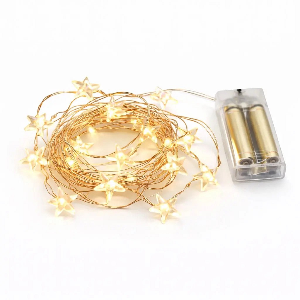 Batteriebetriebene LED-Lichterkette, Sternchen, 3,4 m, warmweiß, 40 LEDs, kupferfarbener Draht, IP20 für den Innenbereich, 3 × AA