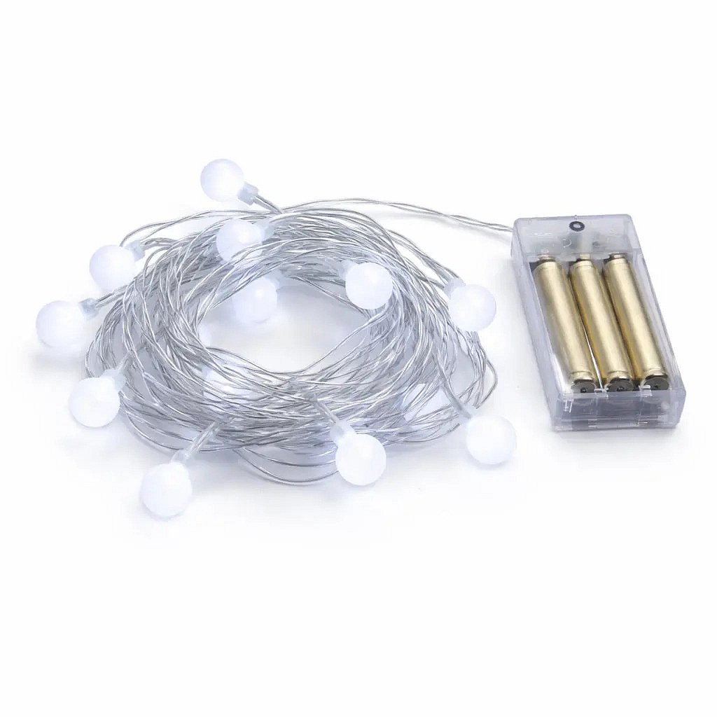 Batteriebetriebene LED-Lichterkette, Kugeln, 2,1 m, eisweiß, 10 LEDs, IP20 für den Innenbereich, 3 × AA