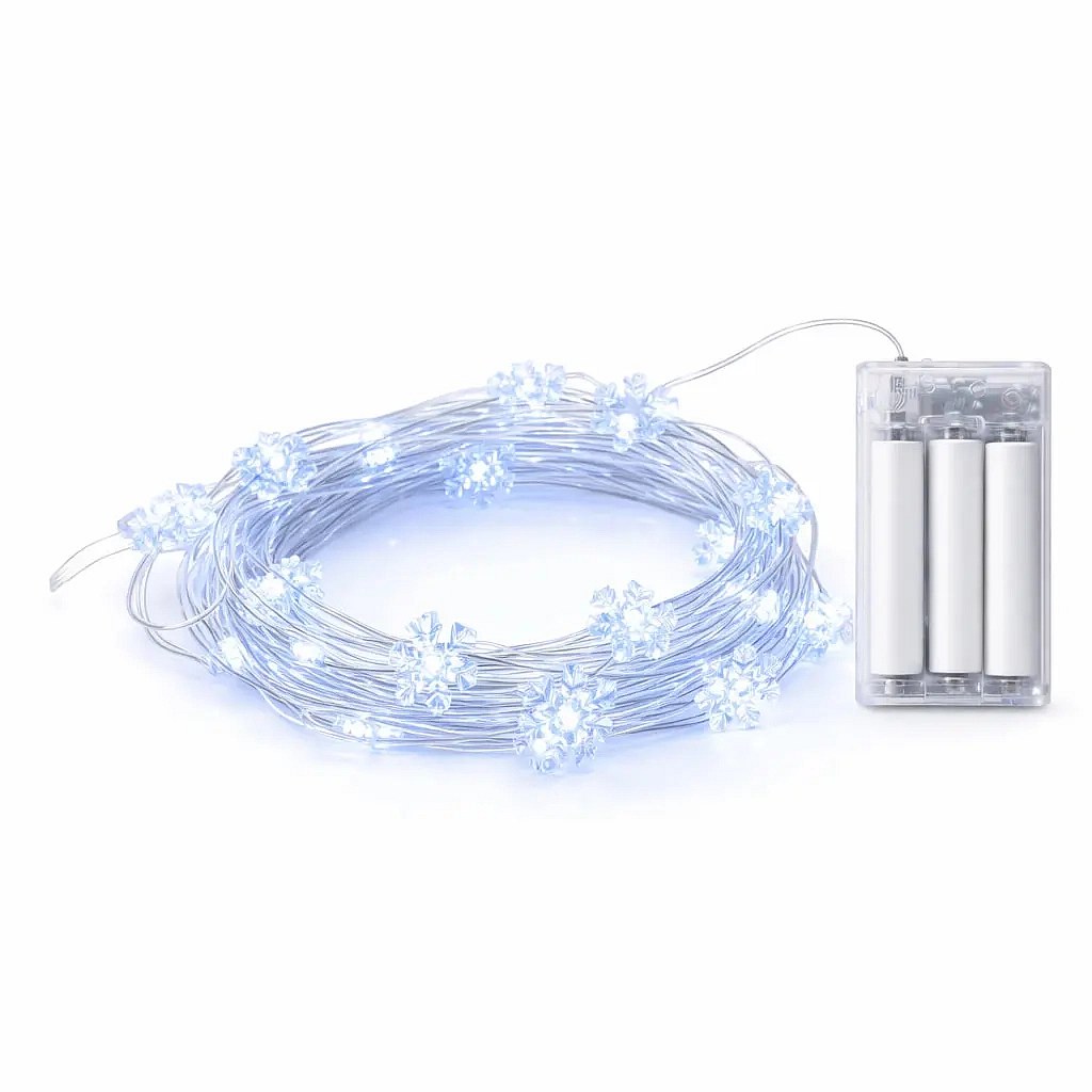 Batteriebetriebene LED-Lichterkette, Schneeflocken, 2,3 m, eisweiß, 20 LEDs, transparentes Kabel, IP20 für den Innenbereich, 3 × AA