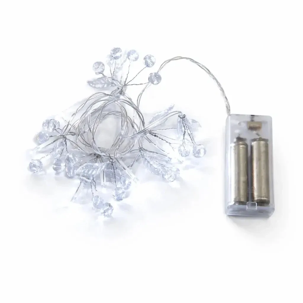 Batteriebetriebene LED-Lichterkette mit Strasssteinen, 1,3 m, eisweiß, 10 LEDs, transparentes Kabel, IP20 für den Innenbereich, 2 × AA