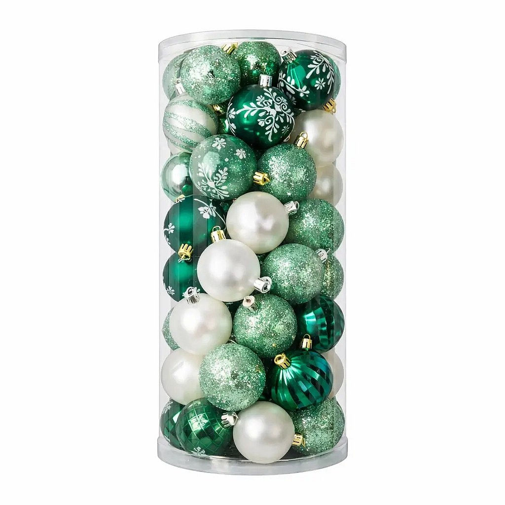 Set Weihnachtsschmuck grün und weiß 6 cm Kunststoff-Ornamente, Packung mit 50 Stück