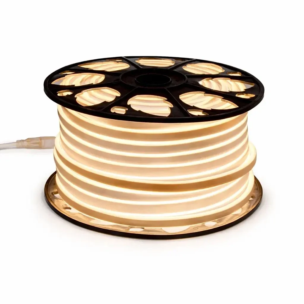 Easy Fix LED-Neon-Schlauch für den Außenbereich, 50 m, D-Typ, beidseitig leuchtend, warmweiß, 3000 LEDs, weißes Kabel, IP44, Spule