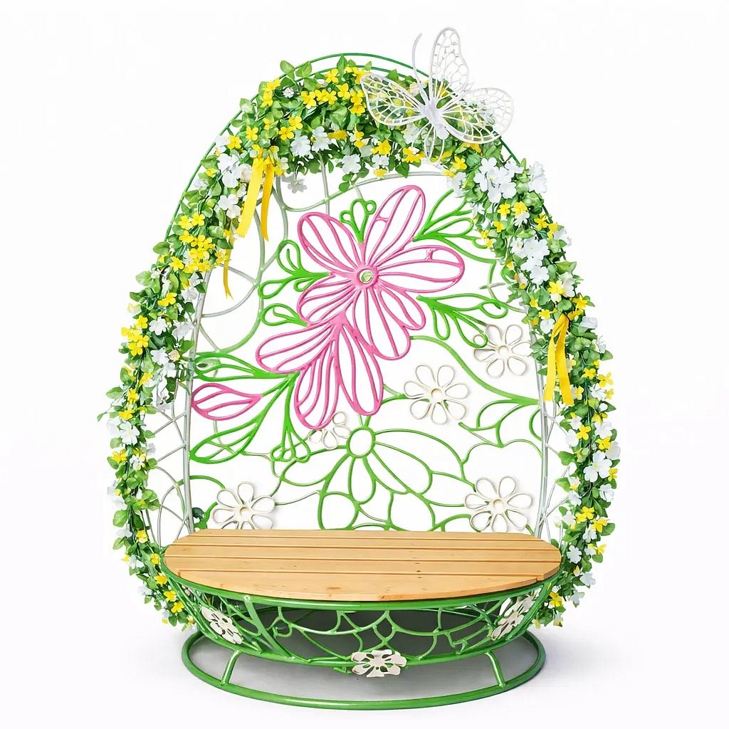 3D-Bank Osterei Fotopunkt, 110 × 180 cm, unbeleuchtete Blumen und Schmetterling
