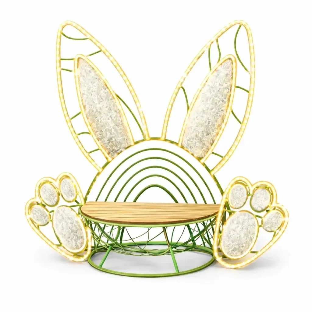3D-Osterdekoration Bank Osterhase Fotopunkt 180 × 180 cm, warmweiße LED, Outdoor