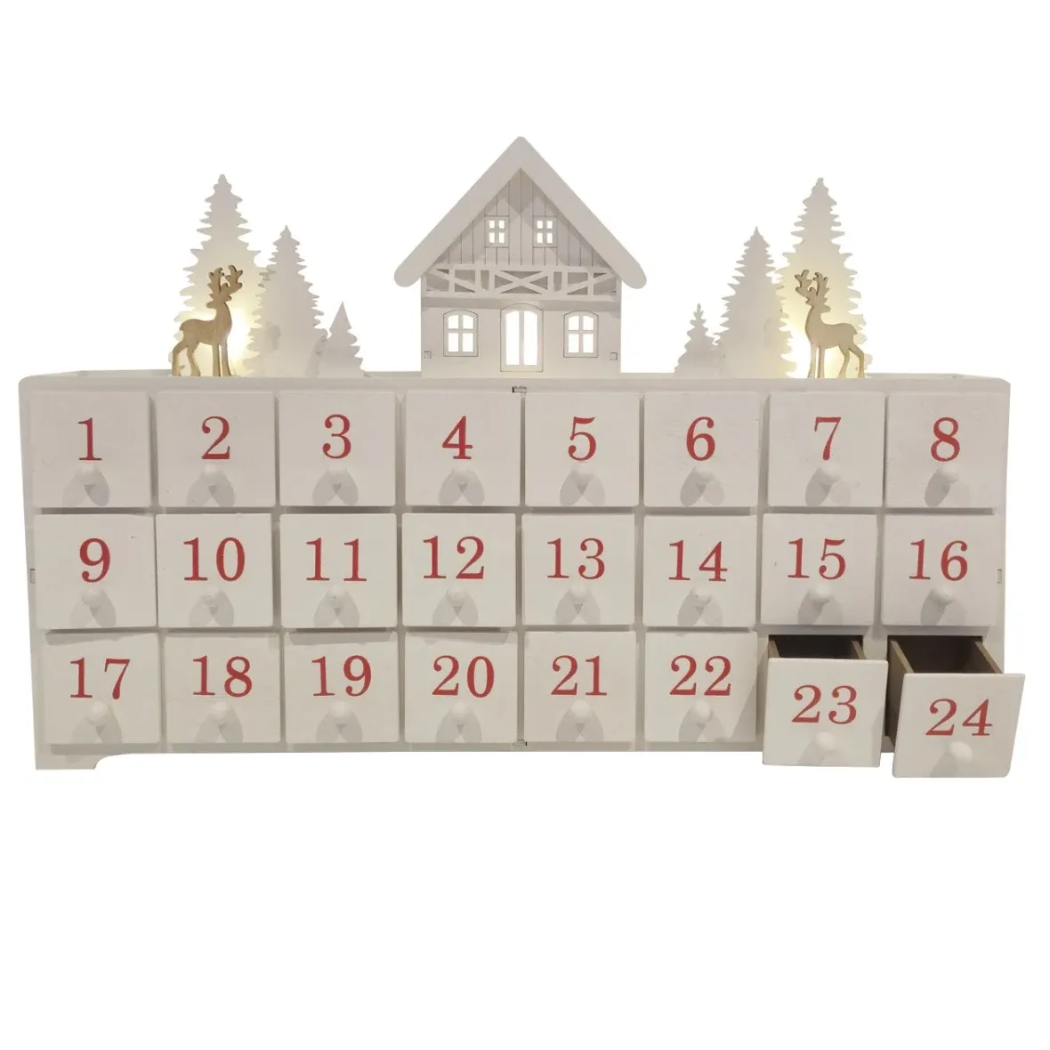 LED-Adventskalender, Holzhäuschen im Wald, 43 × 29 × 8 cm, weiß, rot und braun, für 2 × AA-Batterien