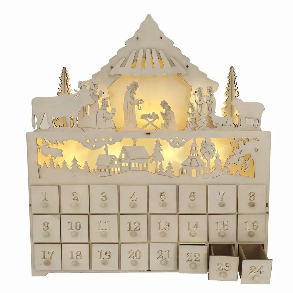 LED-Adventskalender mit Krippe und Dorf, aus Holz, 43 × 47 × 8 cm, für 2 × AA-Batterien