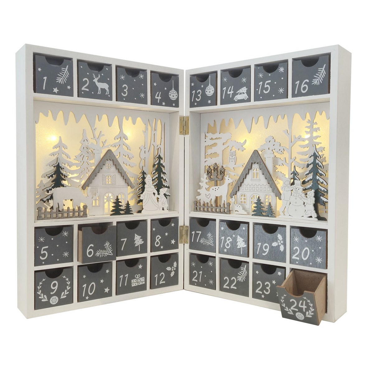 LED-Adventskalender, Holzbuch, 23,5 × 34,5 × 11 cm, weiß, grau und grün, zum Aufklappen, für 2 × AA-Batterien