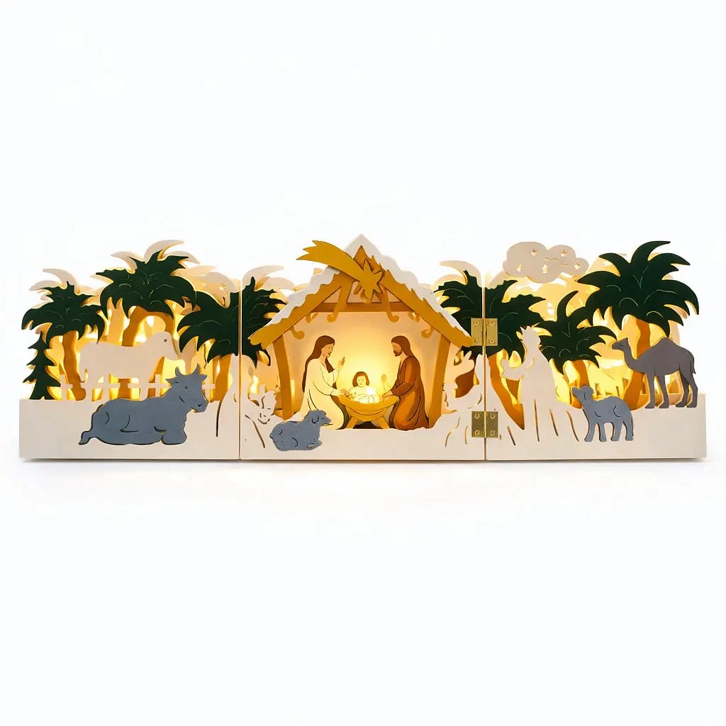 LED-Weihnachtskrippe aus Holz, zusammenklappbar, beidseitig nutzbar, 40 × 12 × 5 cm, farbig, für 2 × AA-Batterien