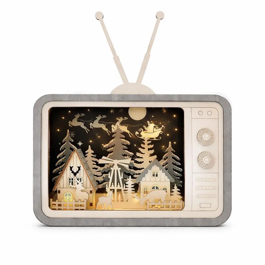 LED Holzdekoration Dorf auf TV, 26 × 33,5 × 8 cm, warmweiß, AA
