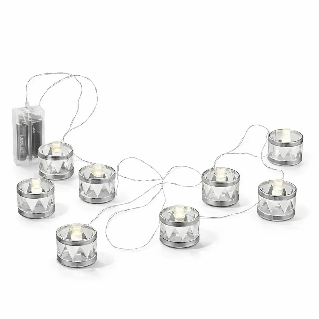 LED-Deko-Taschenlampen-Lichterkette 150 cm, silberne Trommeln, warmweiß, 8 Dioden, innen, 2× AA