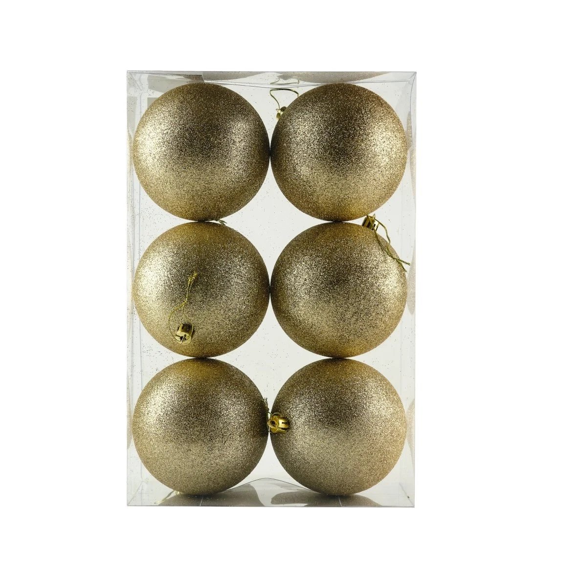 Weihnachtsschmuck-Set „Champagner-Glitzer“, 10 cm große Kunststoffkugeln, 6er-Pack