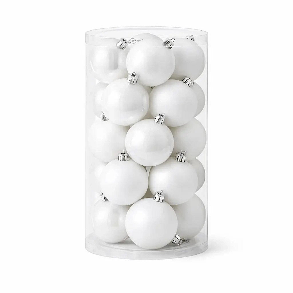 Weihnachtsschmuck-Set weiß 6 cm Kunststoffkugeln, 12× glänzend, 12× matt, 24er-Pack