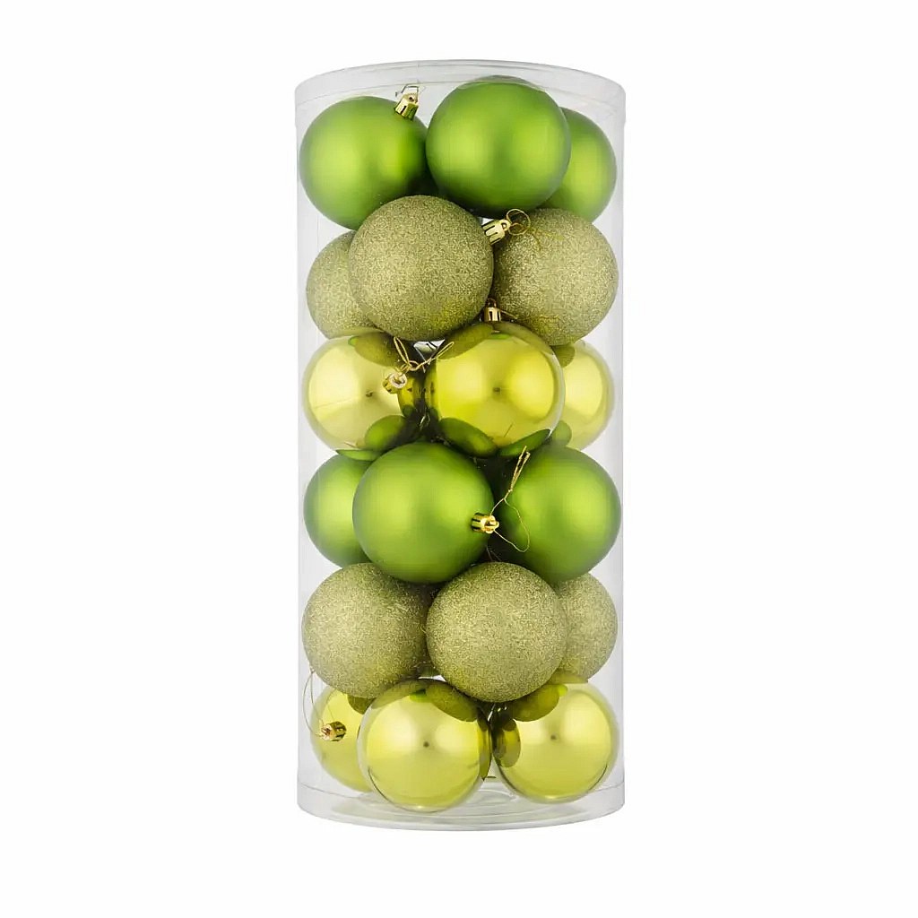 Set Weihnachtsschmuck Apfelgrün 8 cm Flachmann, 8× matt, 8× glitzernd, 8× glänzend, Packung mit 24 Stück